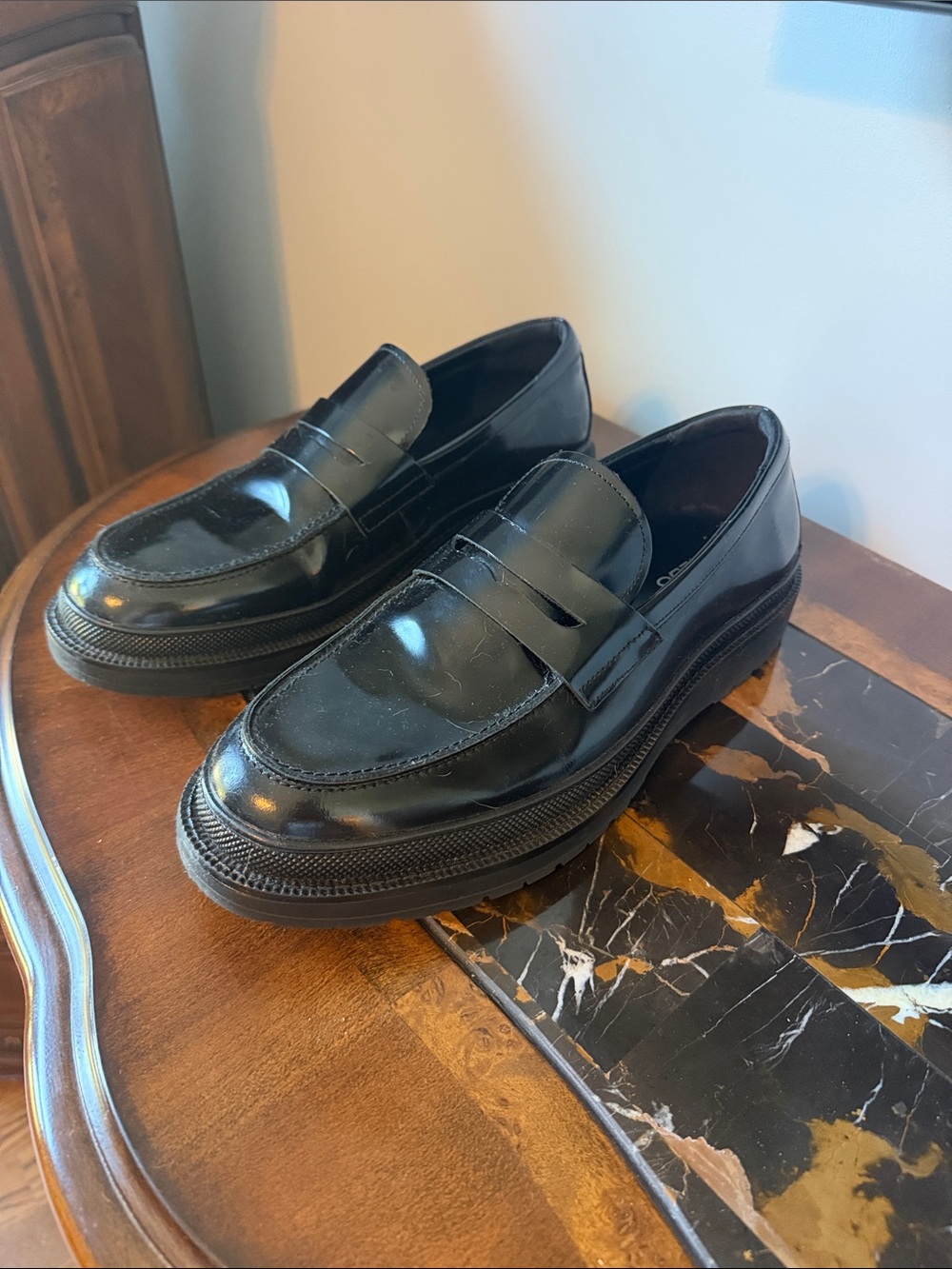 Aldo Black Patent Penny Loafers with Thick Tread